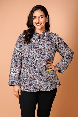 Chic Blue Printed Cotton Coat: Lightweight Quilted Short Sleeve Jacket for Women, 3X-Large by Royal India Handicraft - Image 3