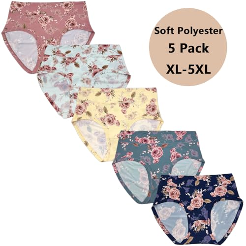 Image of Women's Plus Size XL-5XL Underwear High Waist Briefs Panties Rose Floral Print Ladies Undies 5-Pack