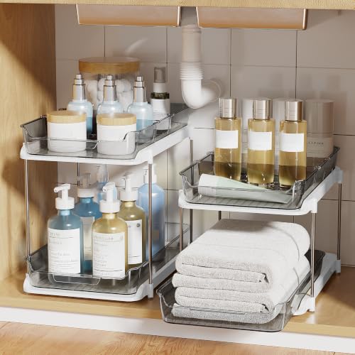 Image of Delamu 2-Tier Multi-Purpose Bathroom Under Sink Organizers and Storage, Stackable Kitchen Pantry Organization, Pull Out Medicine Cabinet Organizer with Movable Dividers, Black, 2 Pack