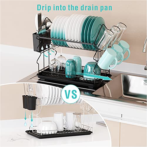 Veckle Dish Drying Rack For Kitchen Counter 2 Tier Small Dish Racks For Plates And Bowls Sets Rust-Resistant Dinnerware Drainer With Drainboard Tray, Glass Holder And Utensil Holder, Black #TOP4