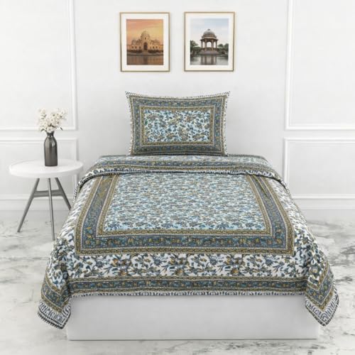 Image of elanorhomes 100% Cotton Single Bed Sheet with Pillow Cover | 240 TC Bedsheet for Single Bed | Hand Printed Floral Bedsheets | Ultra-Soft & Breathable | 60x90 inches (Seashell)