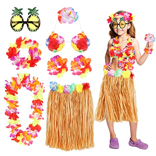 PHOGARY 8 Pièces Jupe de Hula Kit d'accessoires de Costume Jupe Hawaienne pour Hawaii Luau Party avec Hawaïen lei, Pince à Cheveux en Hibiscus, Lunettes de Soleil