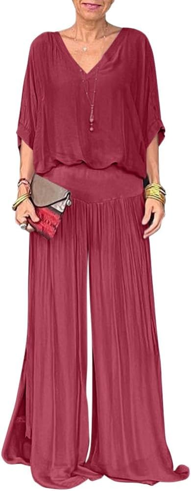 Ensemble Deux pièces en Mousseline de Soie pour Femmes Top et Pantalon Fendu Mode décontractée Ensemble Fluide pour invitées de Mariage