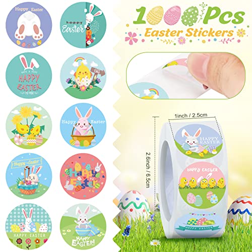 1000 Pieces Easter Stickers Roll Happy Easter Label Sticker Round 1 Inch Bunny Chicken Egg Envelope Sticker Seal Tag For Scrapbooking, Card, Easter, Spring Party Decoration #TOP1
