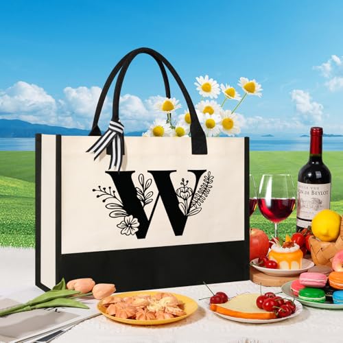Image of Personalized Initial Canvas Tote Bag, Suitable for Birthday, Wedding, Beach, Holiday, Gifts for Women, Mom, Teachers, Nurses, Best Friends, Bridesmaids (W)