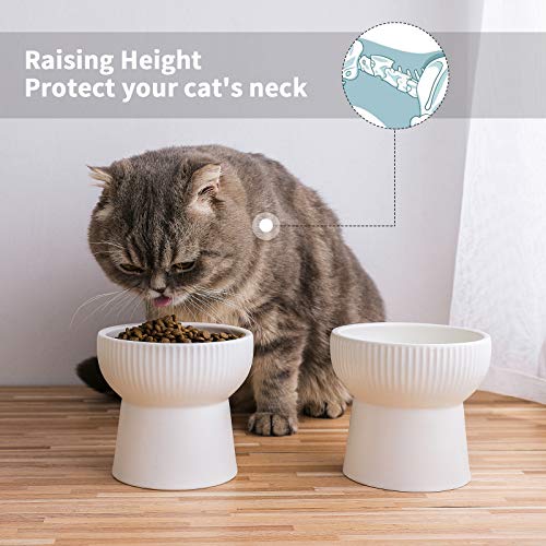 Ceramic Raised Cat Bowls, Elevated Cat Food And Water Bowls Set, 15 Oz Porcelain Stress Free Pet Feeder Bowl Dish For Cats And Small Dogs, Dishwasher And Microwave Safe, White, Set Of 2 #TOP4