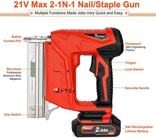 21V 18 Gauge Cordless Brad Nailer & Stapler, 2 in 1 Electric Nail Gun/Staple Gun with 2Ah Rechargeable Lithium-ion Battery & Fast Charger for Upholstery,Carpentry,Woodworking,Home Improvement