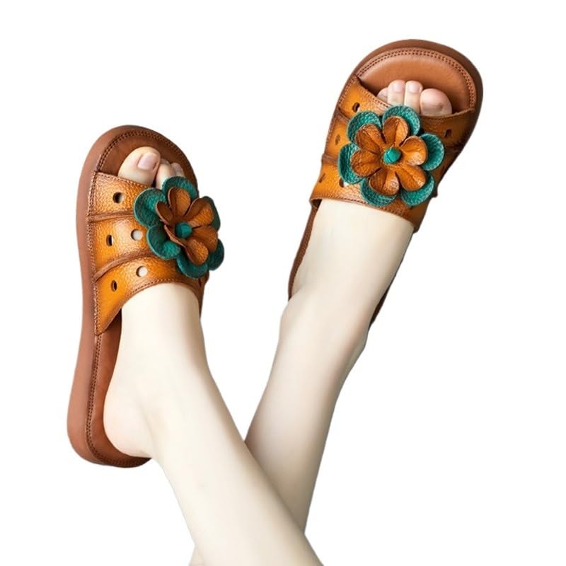 Cowhide Flower Perforated Toe Sandals with Soft Leather Beach Flat Heels2