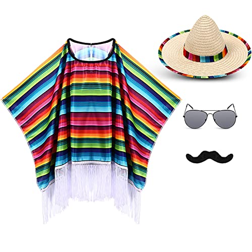 Yahenda Mexican Costume Set 5 Pcs Fiesta Outfit Serape Poncho Sombrero Hat Sunglasses Mustache Cinco De Mayo Dress Small Size (35 x 23'')