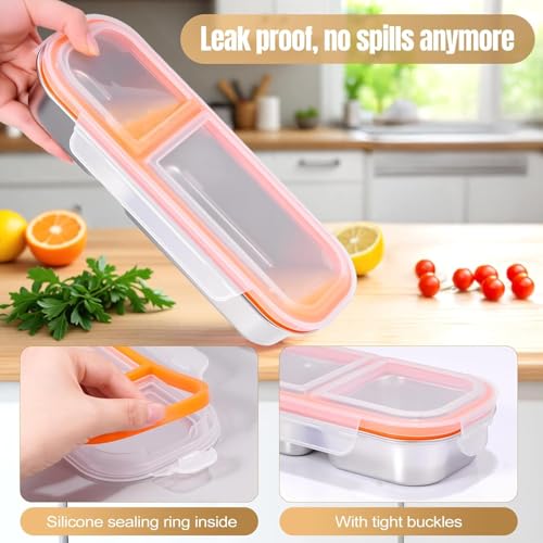 Image of Sinbyuer Stainless Steel Snack Containers, Grab and Go Snack Containers Reusable, 2 Compartment Food Storage Containers with Lids for Travel and Outdoor Camping (700ML)