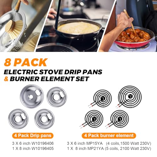 W10196405 W10196406 Chrome Drip Pans Kit MP22YA Electric Range Burner Element Set MP15YA(6\") MP21YA(8\") by Blutoget - Fit for Whirlpool Ken-more May-tag Electric Range Stove - 2 8-Inch and 6 6-Inch