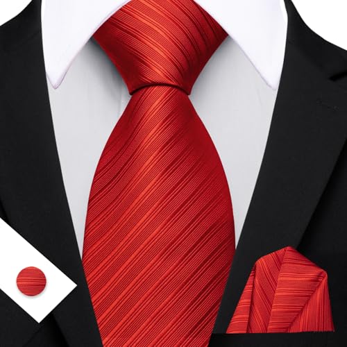 Image of Barry.Wang Solid Striped Tie for Men Silk Necktie Pocket Square Cufflinks Formal Wedding Party Business