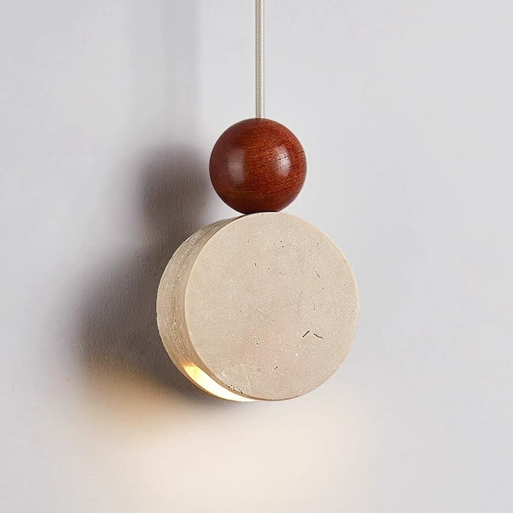KXEcoLife Stone Pendant Light Wood Hanging Lamp Natural Travertine Shade Japanese Ceiling Lamps for Living Room Bedroom Kitchen Island Lighting Fixture