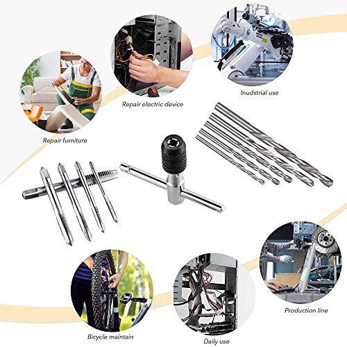 Saipor Gewindeschneider Set T-Griff Windeisen Ratsche Gewindebohrer Werkzeughalter mit 5 Stück M3-M8 Metrischer Gewindebohrer und Spiralbohrer-Satz