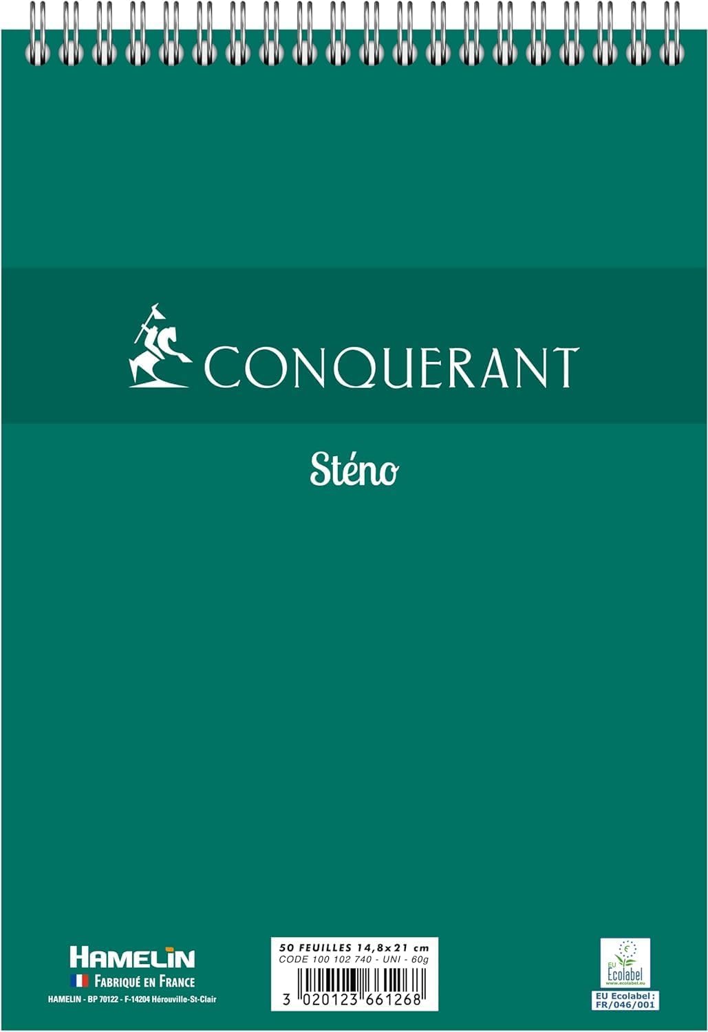 Conquérant Bloc-Notes Sténo A5 Uni 180 Pages Reliure Intégrale Couverture Carte Verte Lot de 10