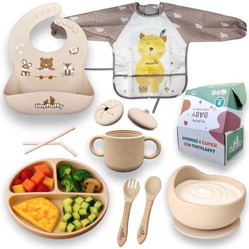 Vajilla Bebe - Cubiertos Bebe, Vajilla Bebe Silicona, Plato Bebe, Baberos Bebe Impermeable, precucharas bebe blw, Plato Bebe Ventosa, Cubiertos Infantiles, Babero Bebe Silicona (Beige)