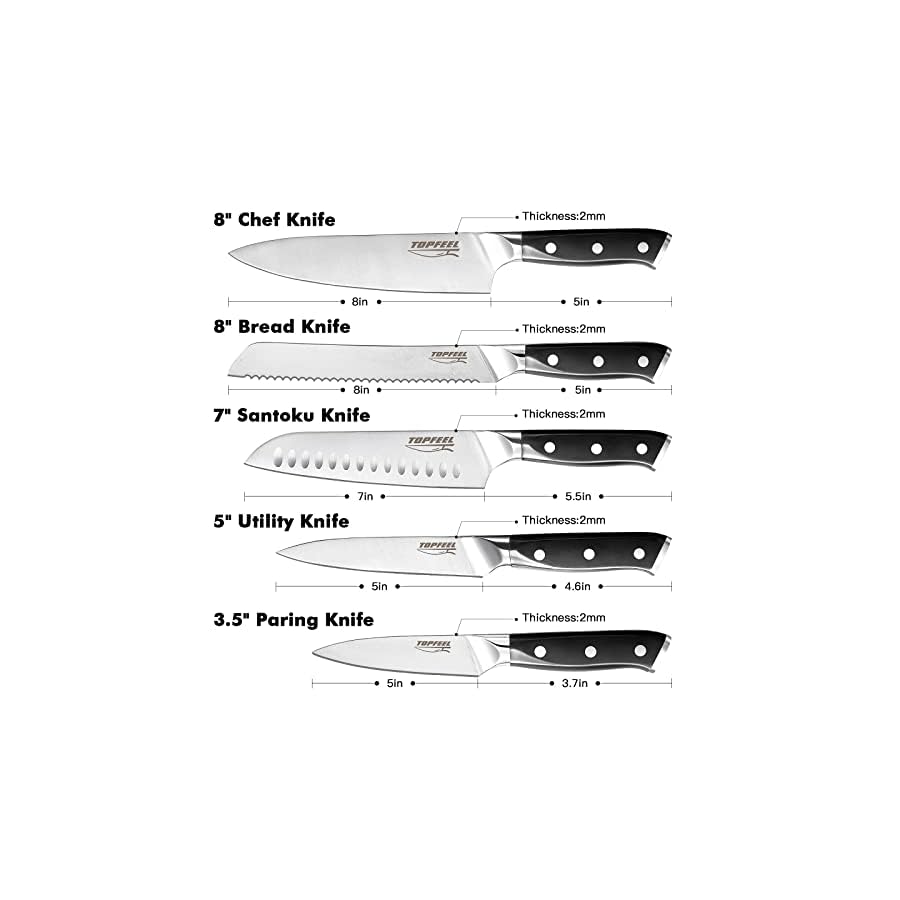 Topfeel Professional Chef Knife Set 5PCS, 3.5-8 Inch Set Kitchen Knives German High Carbon Stainless Steel Sharp Knife, Knives Set for Kitchen with Ergonomic Handle