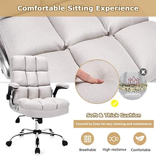 COSTWAY Executive Office Chair, Ergonomic High Back Swivel Computer Desk Chairs with Flip-up Armrests, Linen Padded Height Adjustable Rolling Manager Task Chair for Home Office (Beige)