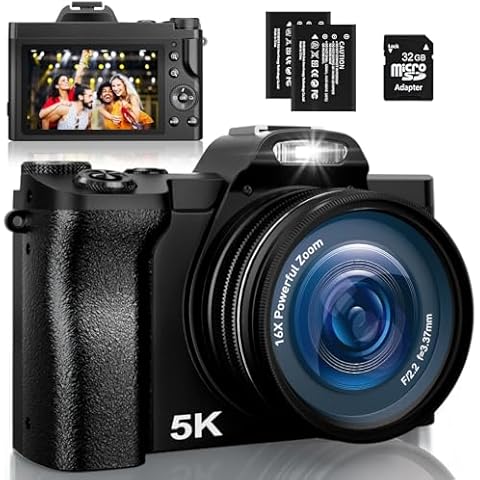 5K Digital Camera, WiFi Vlogging Camera with 32G SD Card, 48MP Autofocus Compact Camera 6-Axis Stabilization Travel Camera with UV Filter 16x Digital Zoom and 2 Batteries for Boys, Girls, Beginners Cover
