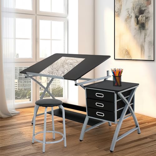 HomGarden Drafting Table w/Stool Height Adjustable Art Desk with 3 Storage Drawers for Home Office Drawing Desk for Artist Painters Drawing, Writing, Reading,Black