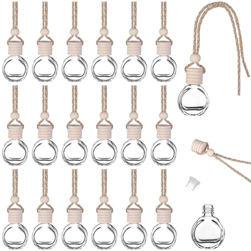 20Pcs 10ml Hanging Air Freshener Perfume Bottle Refillable Aromatherapy Fragrance Essential Oil Diffuser with Wooden Caps for Car, Home and Office (Flat Round)