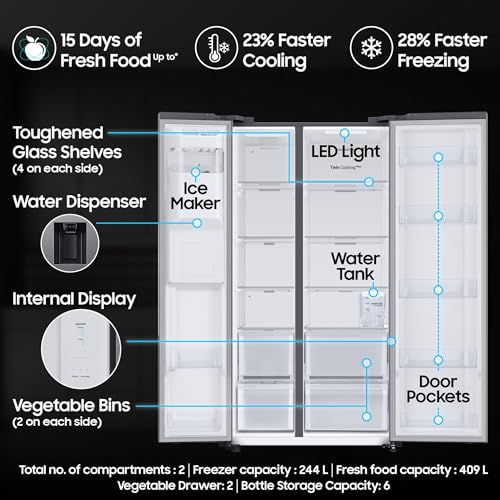 Image of Samsung 633 L, 3 Star, Frost Free, Double Door, Convertible 5-in-1 Digital Inverter, Side By Side Refrigerator with AI, WiFi & Water & Ice Dispenser (RS78CG8543S9HL, Silver, Refined Inox)