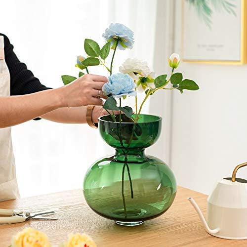 Glasseam Green Glass Vase for Flowers Large, Handmade Art Vases Modern Big Narrow Neck Jug for Living Room Decoration Table Ceterpiece Aesthetic Room Decor for Long Stemmed Pampas Grass Daffodils