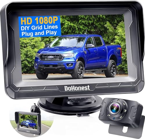 DoHonest Reversing Camera Easy Setup: Plug&Play HD 1080P Rear View Camera with Monitor Night Vision Waterproof License Plate Cam for Car Caravan SUV Truck Van DIY Gridlines S01