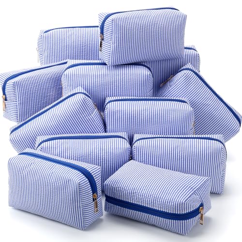 Sanwuta Pcs Seersucker Cosmetic Bags Bulk Seersucker Makeup Bags Stripe Women Pouch Large Preppy Storage Pouch Toiletry Travel for Wedding Bridesmaid Bride Favor Back to Teacher Gift(Blue 12)