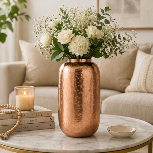 Image of INDIAN DECORMART Flower Vase | Flower Pots for Home Decor, Living Room, Bedroom, Office, Gifting, Colour Copper (IDM22242, 18x18x34 CM)
