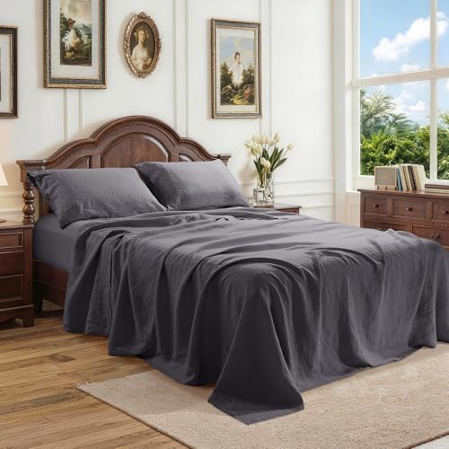 Image of 100% Pure Linen Sheet Set for Hot Sleepers, Breathable Natural Linen Sheets 4pcs, Bedding Set Deep Pocket Up to 16 inch Moisture-Wicking, Softens with Every Wash (Dark Gray Queen)