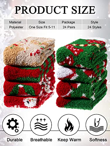 Foaincore 24 Pairs Christmas Fuzzy Socks for Holiday Winter Gifts Bulk Fluffy Slipper Socks for Women Men Xmas Party Favors2