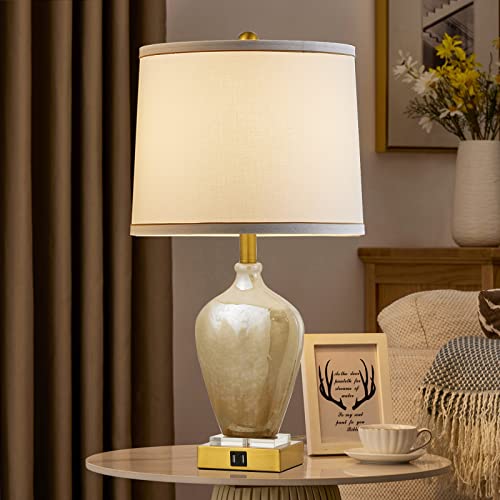 Kivditzo Ceramic 3-Way Dimmable Touch Control Table Lamp Set Of 2 With Usb Ports For Bedroom Living Room Porcelain Ivory And Warm Gold Finish White Fabric Round Shade 9 Watt Led Bulbs (Included) #TOP4