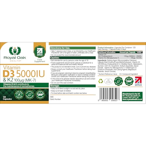 Vitamin D3 5000 IU & Vitamin K2 100mcg (MK-7) x120 Capsules, 4 Month Supply - High Strength Vitamin D & K2 Supplement for Men & Women, Made in The UK by Royal Oak Health - 6