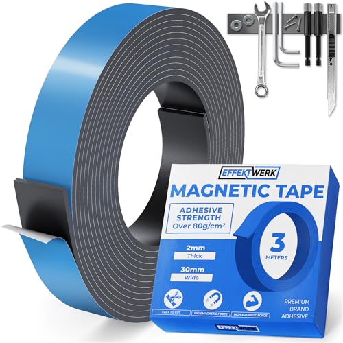 Image of EFFEKTWERK - Magnetic Tape Roll - 3 Metre Long, 30 mm Wide - Extra Thick & Wide Magnetic Strips w/Strong Self-Adhesive Backing - Easy to Cut & Stick to Flat Surfaces