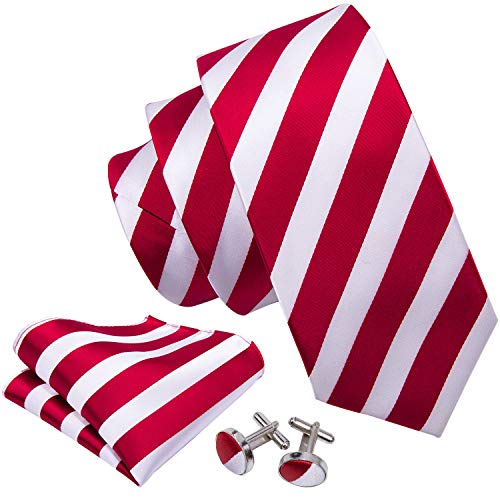 Image of Barry.Wang Tie Sets for Men Silk Stripe Necktie Woven Checkered Handkerchief Cufflinks Formal Business Wedding
