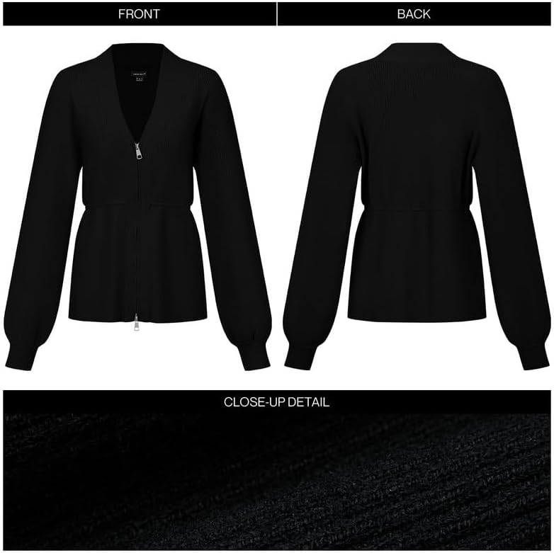 URBAN REVIVO Women's Zip Up Cardigan Sweater with Balloon Sleeves, V-Neck Knit Open Front Long Sleeve Coat for Casual Outwear - Image 9