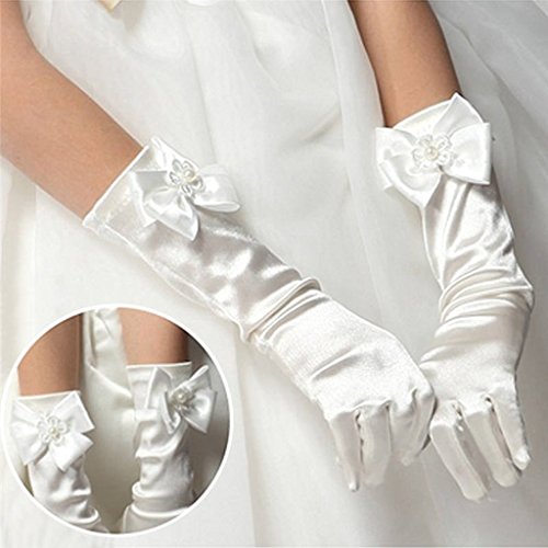 Dreamhigh Kids Stretch Satin Long Finger Gloves For Flower Girl Children Party White #TOP3