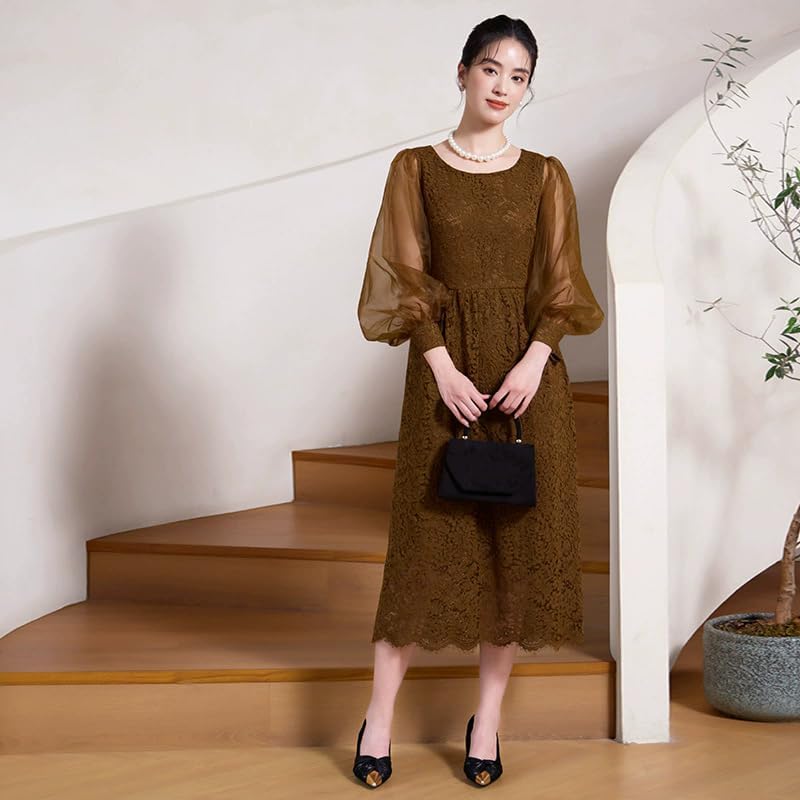 [SHOLIND] ワンピース パーティードレス レディース 結婚式 ドレス シフォン ミモレ丈 レース パーティー 膝が隠れる 大