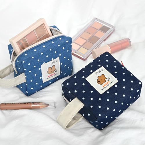 Image of Monolike Happy and Lucky Denim Dot Cube Pouch, Navy - Makeup Bag, Cosmetic Bag, Travel Bag, Toiletry Bag, Organizer, Storage Bag