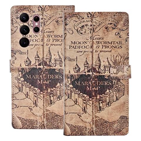 YHB Case for Samsung Galaxy S22 Ultra, Slim Protective Case Folio with Wallet Card Slots Stand Full Body TPU Back Cover, Magic Map Vintage Cover