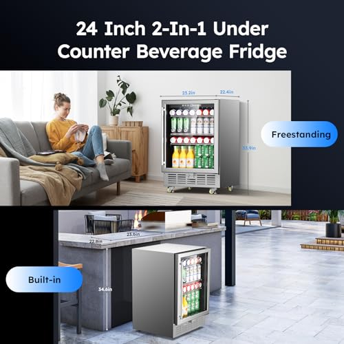 Image of Mojgar 24 inch Beverage Refrigerator - 180 Cans Outdoor Beverage Fridge with Glass Door & Safety Lock for Beer, Wine, Soda, Under Counter Fridge with Locking Casters, Full Stainless Steel