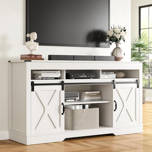 RoyalCraft TV Stand for 65+ Inch TV: Farmhouse Entertainment Center with Storage, Wood TV Console Cabinets with Sliding Barn Door, Tall Media with Adjustable Shelves for Living Room, Coastal Fog