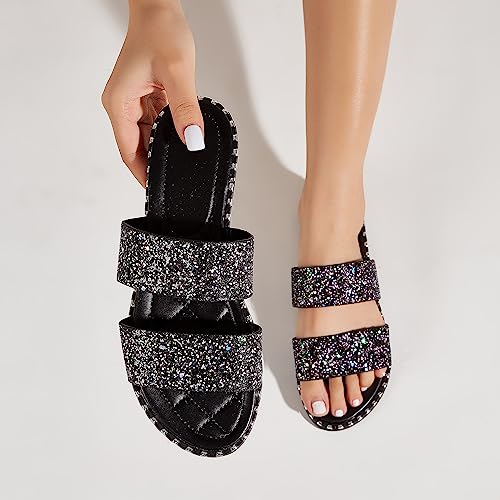 Image of Women's Open Toe Flat Sandals Rhinestone Glitter On Casual Fashion Slippers Quick Drying Indoor & Outdoor Slides