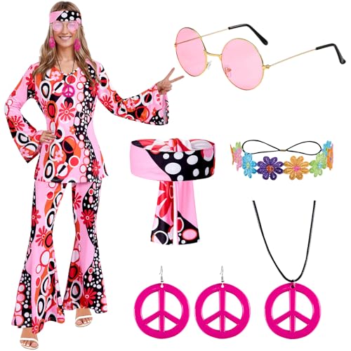 Puddry Disfraz Hippie Mujer, Disfraz Años 70 60 Mujer, Disfraz Mujer Carnaval Accesorios Hippie Incluidas Pendientes Collar Diadema Gafas, Disfraces años 70 para Fiesta Disco Cosplay Carnaval
