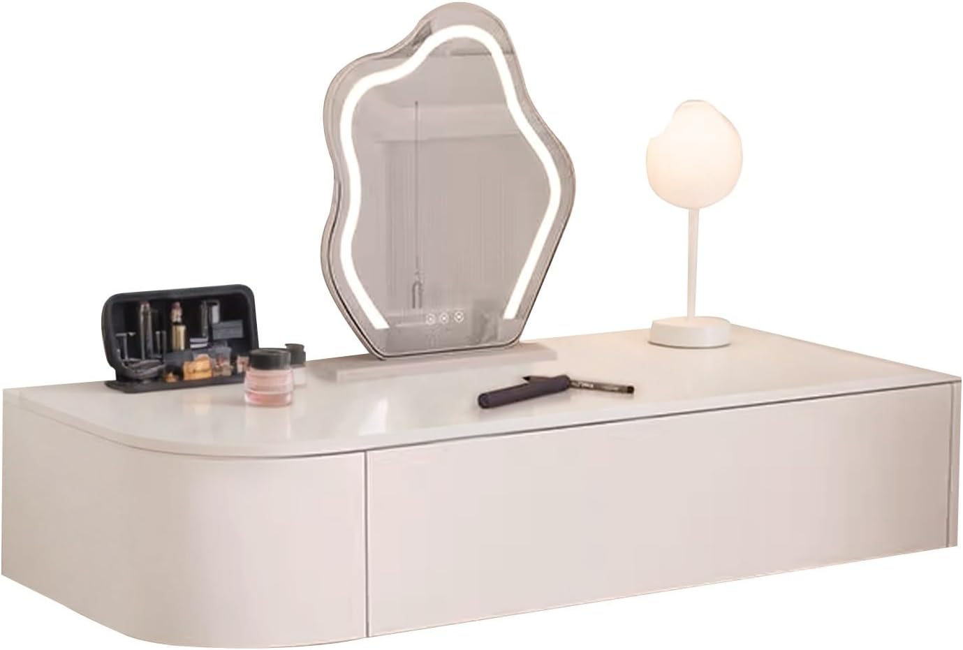 White Wall-Mounted Floating Desk with Drawers - Corner Vanity Makeup Table, Storage Cabinet & Dressing Table Shelf with Mirror for Bedroom & Home Office 47in with Mirror