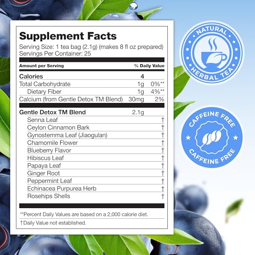 Total Tea SIimming Detox Tea Caffeine Free - 25 Day Detox - Herbal Tea with Chamomile, Hibiscus Tea & Ginger Root for Colon Cleanse – Natural Bluebberry Fruit Tea