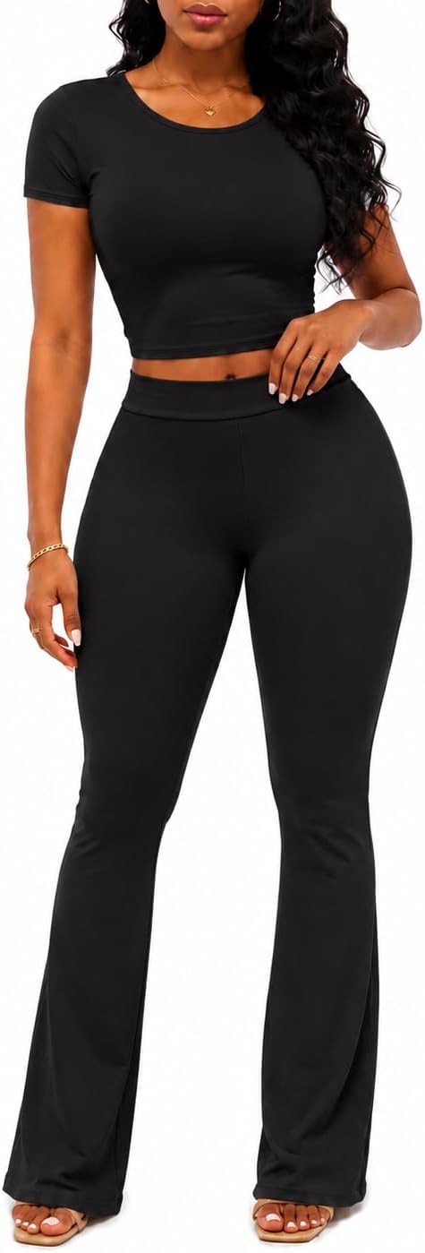 2 Piece Sets for Women Short Sleeve Crop Top Foldover Waist Flare Pants Matching Lounge Set Casual Outfit
