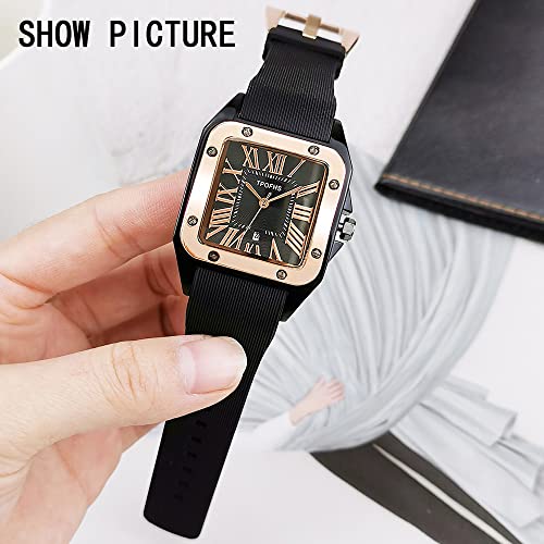 Ohilevi Retro Square Quartz Watch - Waterproof Metal Case, Roman Numerals, Calendar, Silicone Strap (Black) #TOP5