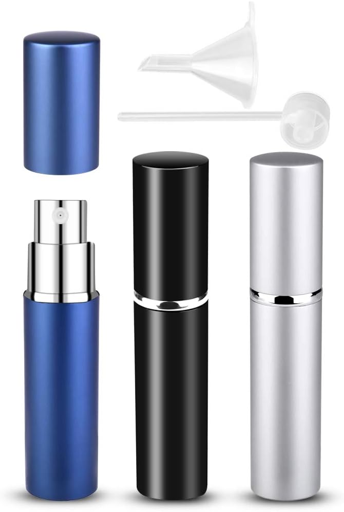 Zingso Refillable Travel Perfume Atomiser Bottles, 3 Pcs 6ml Mini Portable Spray Bottles Refillable Perfume Aftershave Atomiser Empty Travel Bottles with Funnel (Black+Silver+Dark Blue)
